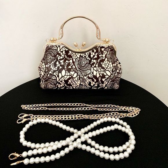 Handmade Real hair-on-horsehide Black Lace Print Kisslock Clutch/Crossbody - Picture 5 of 16